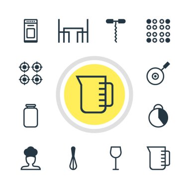 12 simgeleri pişirme vektör Illustration. Tirbuşon, soba, Şef ve diğer simge öğeleri düzenlenebilir kümesi.