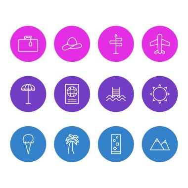 12 yaz simgeler çizgi stili vektör Illustration. Meşrubat, gezinti, dondurma ve diğer simge öğeleri düzenlenebilir kümesi.