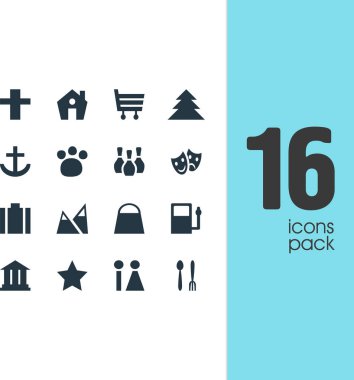 16 yerde simgeler vektör Illustration. Dağ, market, benzin istasyonu ve diğer simge öğeleri düzenlenebilir kümesi.