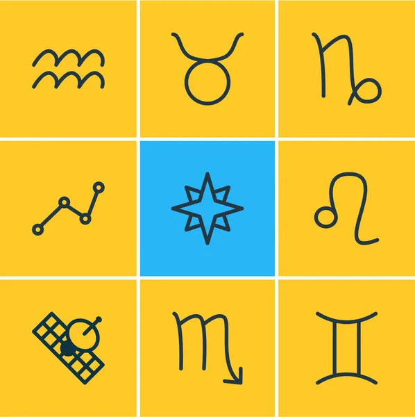 Vectorillustratie van 9 galaxy pictogrammen lijnstijl. Taurus, leo, ster en andere elementen van het pictogram bewerkbaar set. — Stockvector