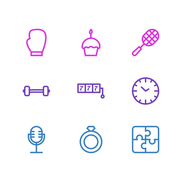 Vectorillustratie van 9 hobby pictogrammen lijnstijl. Cupcake, raket, microfoon en andere elementen van het pictogram bewerkbaar set. — Stockvector