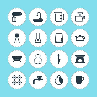16 Restoran simgeler vektör Illustration. Su cam, gaz sobası, mutfak terazisi ve diğer simge öğeleri düzenlenebilir kümesi.