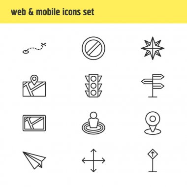 12 gezinti simgeler çizgi stili vektör Illustration. Kağıt Uçak, rota, navigator ve diğer simge öğeleri düzenlenebilir kümesi.