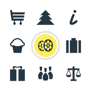 9 yer simgeler vektör Illustration. Ekmek, Pazar, hediye ve diğer simge öğeleri düzenlenebilir kümesi.