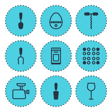 9 yemek simgeler vektör Illustration. Kaşık, barbekü çatalı, soba ve diğer simge öğeleri düzenlenebilir kümesi.