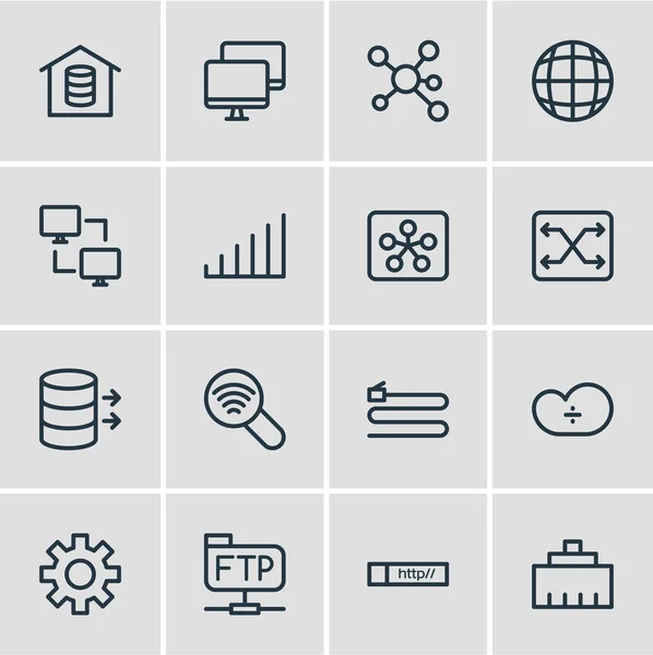 Ilustración vectorial de 16 iconos web estilo de línea. Conjunto editable de peer to peer client, root server, gear y otros elementos del icono . — Vector de stock