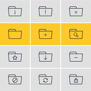 12 klasör simgeleri çizgi stili vektör Illustration. Düzenlenebilir kilitlendi, download, önemli ve diğer simge öğeleri kümesi.