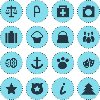 İade 16 simgeler vektör Illustration. İğne işareti, efsane ve diğer simge öğeleri Otopark, Bovling düzenlenebilir kümesi.