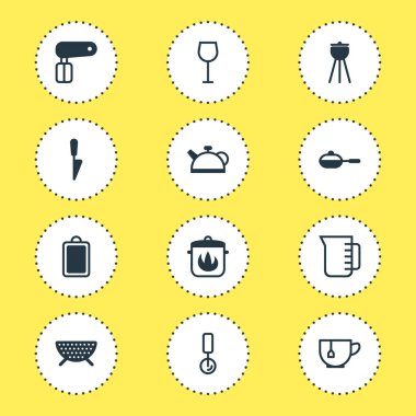 12 simgeleri pişirme vektör Illustration. Düzenlenebilir küme kesme tahtası, pizza kesici, çaydanlık ve diğer simge öğeleri.