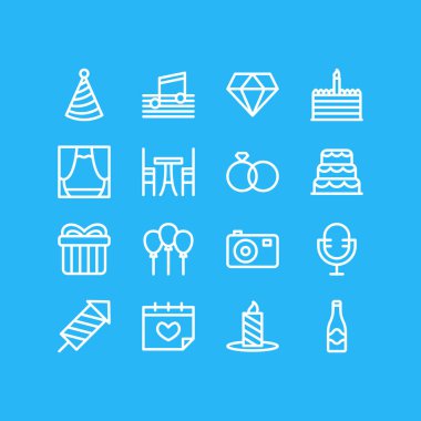 16 olaylar simgeler çizgi stili vektör Illustration. Düzenlenebilir dizi düğün, kamera, mum simgesi öğeleri.