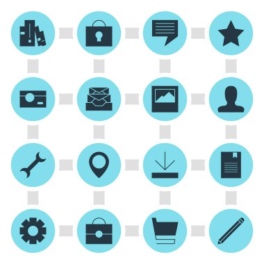 16 web simgeler vektör Illustration. Somun anahtarı, yer işareti, download ve diğer simge öğeleri düzenlenebilir kümesi.