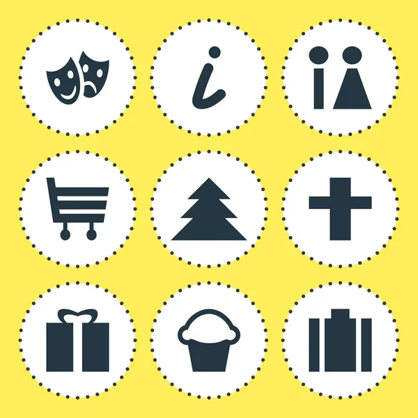 Ilustración vectorial de 9 iconos de mapa. Conjunto editable de panadería, regalo, religión y otros elementos del icono . — Archivo Imágenes Vectoriales