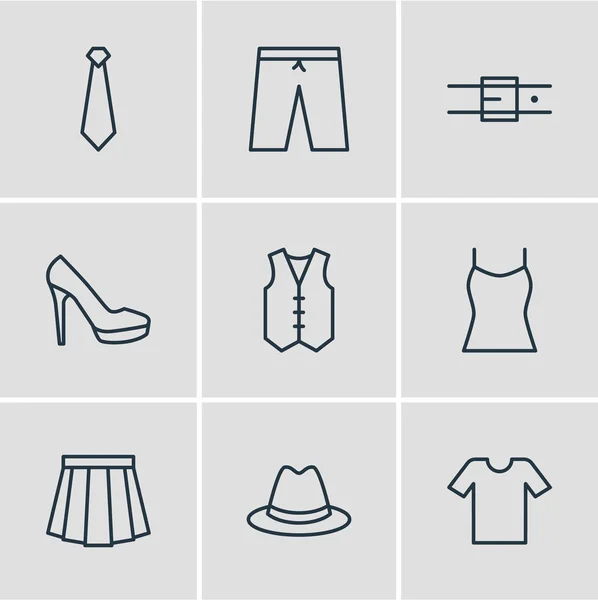 Illustration vectorielle de 9 icônes de vêtements style ligne. Ensemble modifiable de panama, t-shirt, ceinture et autres éléments d'icône . — Image vectorielle