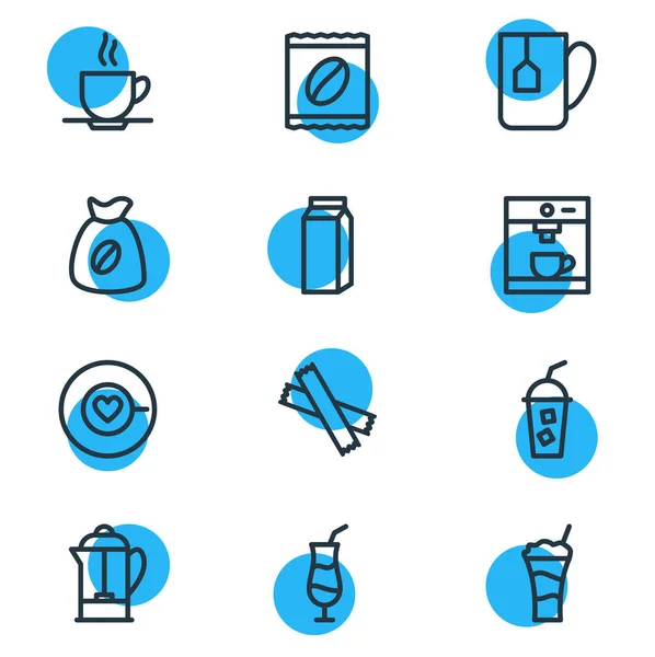 Vektor-Illustration von 12 Kaffee-Symbolen Linie Stil. Editierbares Set aus Untertasse, französischer Presse, Latte und anderen Symbolelementen. — Stockvektor