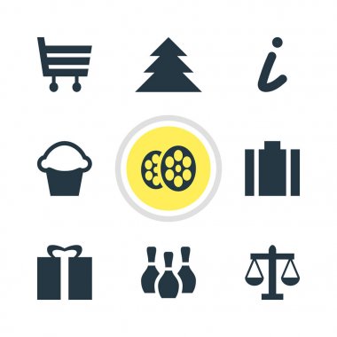 9 harita simgeleri Illustration. Ekmek, Pazar, hediye ve diğer simge öğeleri düzenlenebilir kümesi.