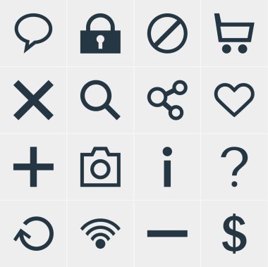 16 arabirim simgeler Illustration. Kılavuzu, kamera, ruh ve diğer simge öğeleri düzenlenebilir kümesi.