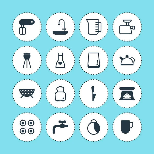 Ilustración de 16 iconos de restaurantes. Conjunto editable de vidrio de agua, estufa de gas, escala de cocina y otros elementos del icono . —  Fotos de Stock