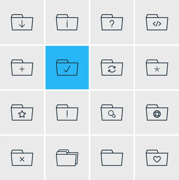 Ábra 16 mappa ikonok vonalstílus. Szerkeszthető készlet keresés, hiányzott, frissítési és egyéb ikon. — Stock Fotó