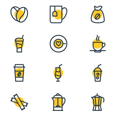 12 kahve simgeler çizgi stili Illustration. Fransız basın, şeker, kokteyl ve diğer simge öğeleri düzenlenebilir kümesi.