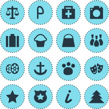 16 harita simgeleri Illustration. İğne işareti, efsane ve diğer simge öğeleri Otopark, Bovling düzenlenebilir kümesi.