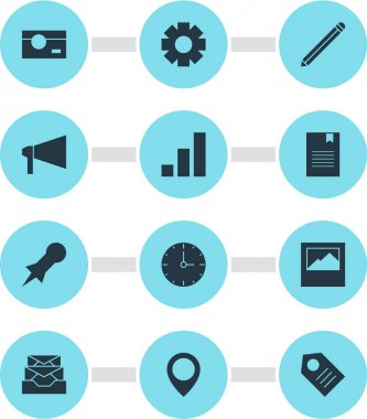 12 online simgeleri Illustration. Yer işareti, kalem, ilerleme çubuğu ve diğer simge öğeleri düzenlenebilir kümesi.
