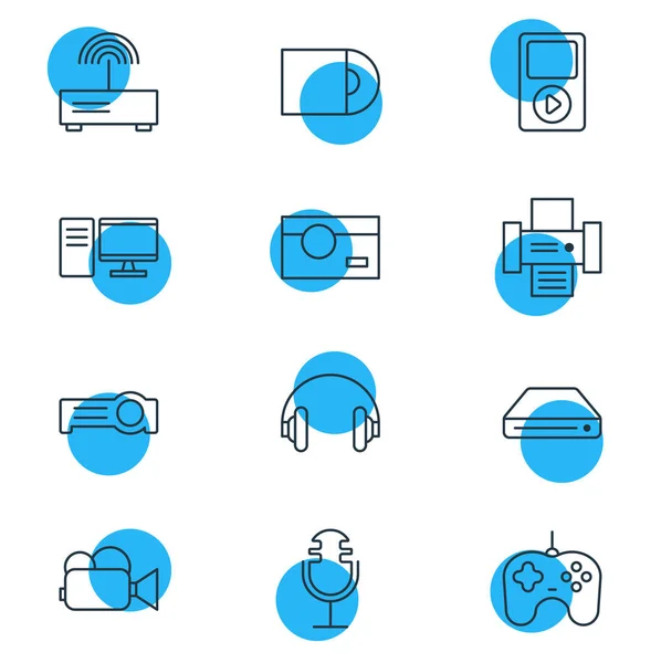 Illustratie van 12 apparaat pictogrammen lijnstijl. Bewerkbare set gamepad, fotocamera, hoofdtelefoons en andere elementen van het pictogram. — Stockfoto