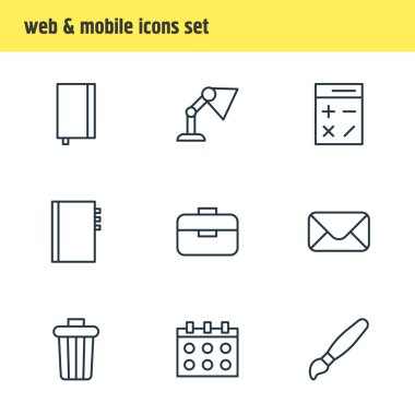 9 aletleri simgeler çizgi stili vektör Illustration. Masa lambası, takvim, fırça ve diğer simge öğeleri düzenlenebilir kümesi.