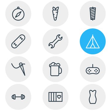 12 hobi simgeleri çizgi stili vektör Illustration. İğne, halter, abiye ve diğer simge öğeleri düzenlenebilir kümesi.