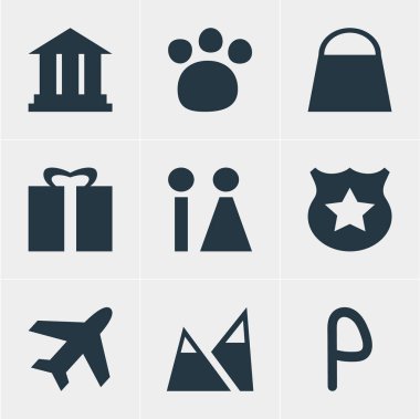 9 harita simgeler vektör Illustration. Dağ, alışveriş çantası, tuvalet ve diğer simge öğeleri düzenlenebilir kümesi.