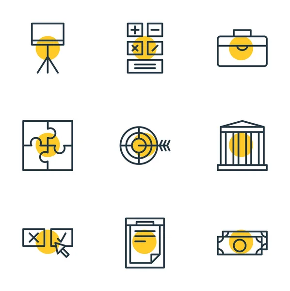 Ilustración de 9 iconos de gestión estilo de línea. Conjunto editable de calculadora, documento, maletín y otros elementos del icono . —  Fotos de Stock