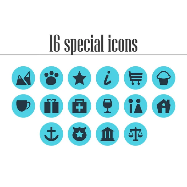 Ilustración de 16 iconos de mapa. Conjunto editable de regalo, casa, zoológico y otros elementos del icono . — Foto de Stock