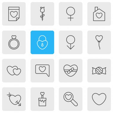 16 tutku simgeler çizgi stili vektör Illustration. Bul, yüzük, aşk ve diğer simge öğeleri düzenlenebilir kümesi.