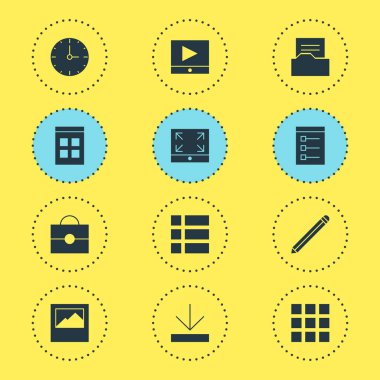 12 Internet simgeler vektör Illustration. Evrak çantası, klasör, görünüm seçenekleri ve diğer simge öğeleri düzenlenebilir kümesi.