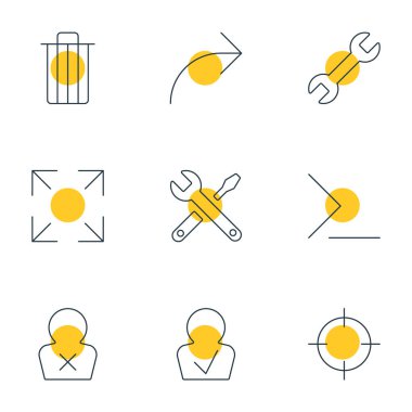 9 UI simgeler çizgi stili vektör Illustration. Yayımla, çöp kutusu, tam ekran ve diğer simge öğeleri düzenlenebilir kümesi.