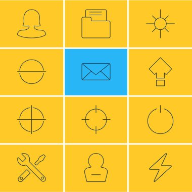 12 arabirim simgeler çizgi stili vektör Illustration. Ekran görüntüsü, yıldırım, kadın üye ve diğer simge öğeleri düzenlenebilir kümesi.