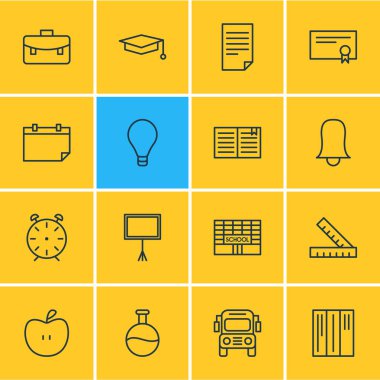 16 çalışmalar simgeler çizgi stili vektör Illustration. Okul otobüsü, Kütüphane, Bina ve diğer simge öğeleri düzenlenebilir kümesi.
