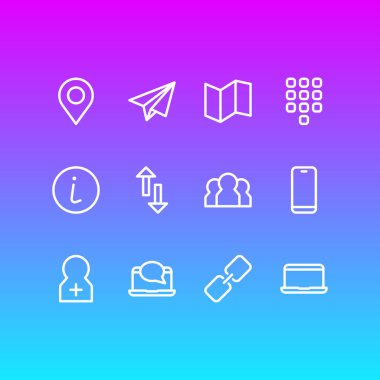 12 topluluk simgeler çizgi stili vektör Illustration. Düğmeler, dizüstü bilgisayar, ok ve diğer simge öğeleri düzenlenebilir kümesi.