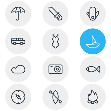 12 simgeleri çizgi stili kamp vektör Illustration. Pusula, kamera, tekne ve diğer simge öğeleri düzenlenebilir kümesi.