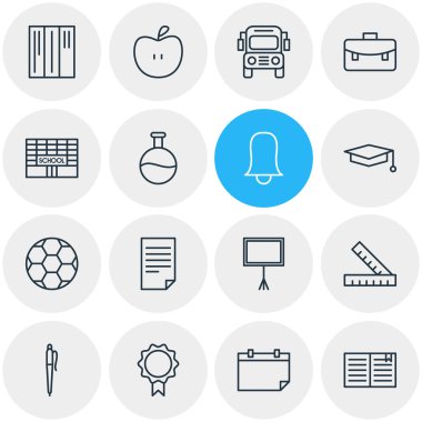 16 bilim simgeler çizgi stili vektör Illustration. Düzenlenebilir belge, mezuniyet şapka, Cetveller ve diğer simge öğeleri kümesi.