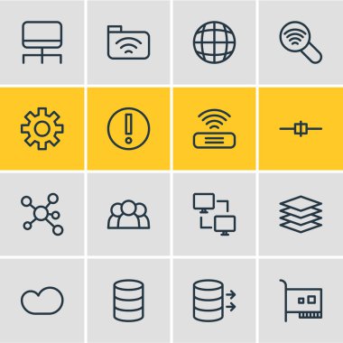 16 Internet simgeleri çizgi stili vektör Illustration. Dünya çapında, eşten eşe istemci, denetleyici ve diğer simge öğeleri düzenlenebilir kümesi.