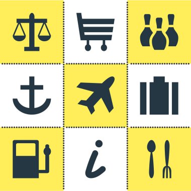 9 harita simgeler vektör Illustration. Düzenlenebilir Portföy, bowling pin, uçak ve diğer simge öğeleri kümesi.