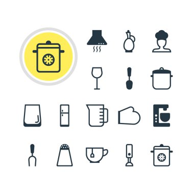 16 Restoran simgeler vektör Illustration. Blender, buzdolabı, kaşık ve diğer simge öğeleri düzenlenebilir kümesi.