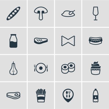 16 yemek simgeler çizgi stili vektör Illustration. İçki şişesi, akşam yemeği yer, suşi ve diğer simge öğeleri düzenlenebilir kümesi.