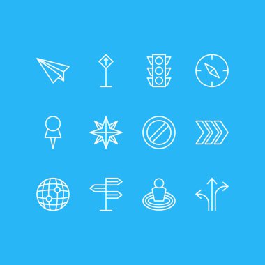 12 yerde simgeler çizgi stili vektör Illustration. Check-in, bir giriş, Yönlendirme ve diğer simge öğeleri düzenlenebilir kümesi.