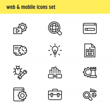 12 simgeleri çizgi stili reklam gösterimi. Düzenlenebilir bug sabitleme, uzun süreli sözleşme, oyun geliştirme ve diğer simge öğeleri kümesi.