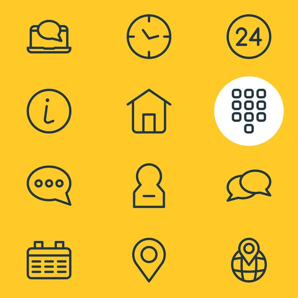 illustration of 12 contact icons line style. Editable set of info, remove user, clock and other icon elements.
