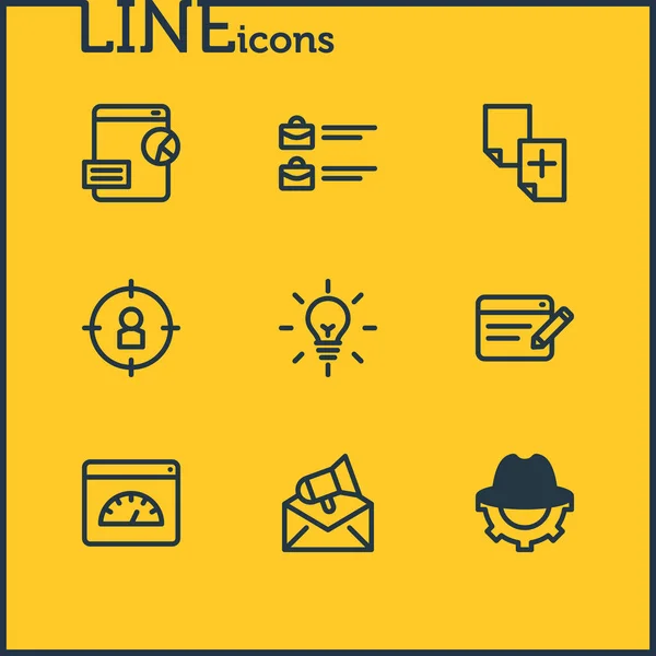 Ilustración de 9 iconos de marketing estilo de línea. Conjunto editable de contenido duplicado, trabajos abiertos, contenido fresco y otros elementos del icono . — Foto de Stock