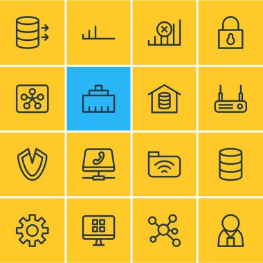 16 Internet simgeleri çizgi stili vektör Illustration. Hosting, güvenlik, bağlantı ve diğer simge öğeleri kümesi düzenlenebilir.