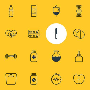 16 tıp simgeler çizgi stili vektör Illustration. Uyuşturucu konteyner, ölçekler, halter ve diğer simge öğeleri düzenlenebilir kümesi.