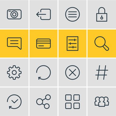 Vektör çizim 16 ek simgeler çizgi stili. Asma kilit, küçük resimler, hashtag ve diğer simge öğeleri düzenlenebilir kümesi.